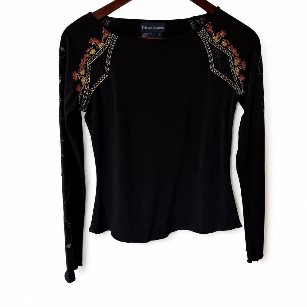 Tristan & Iseut Women Black Embroidered Long Sleeve Top Small Boho Vintage Y2K - Picture 1 of 8